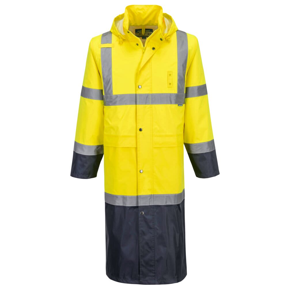 A yellow and navy raincoat with reflective stripes and a hood, featuring a logo on the front. Hi-Vis Contrast Raincoat 122cm - Image 1