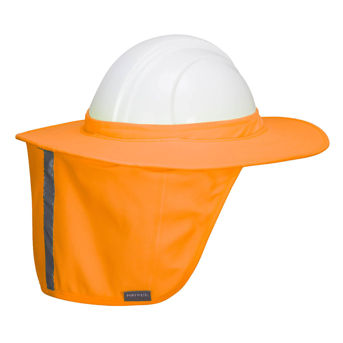 A bright orange full brim shade designed for safety wear, featuring a hard hat and reflective strips. Hi-Vis Hard Hat Brim with Neck Shade - Image 1