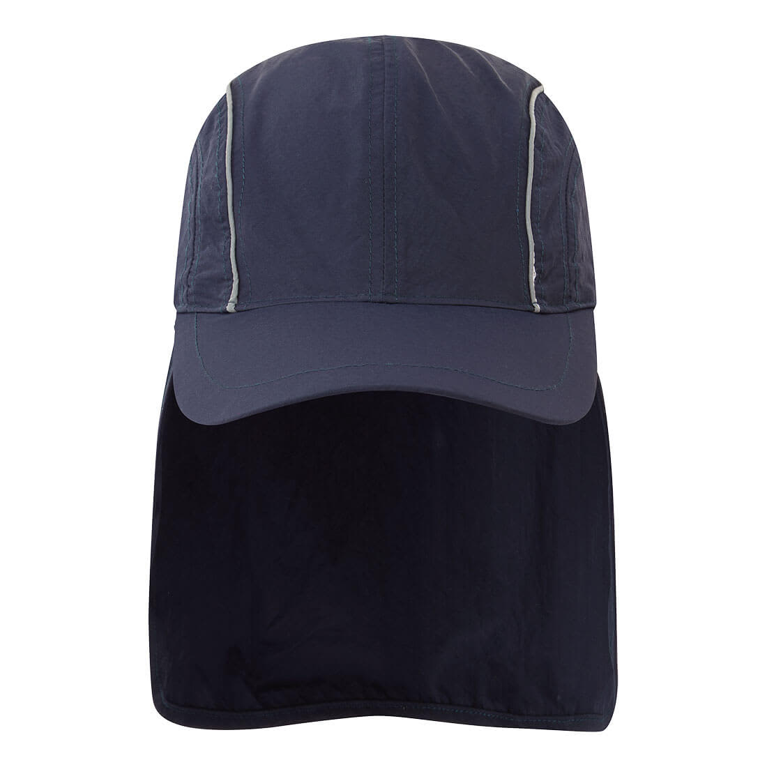 A navy sun cap featuring a wide brim and a neck flap. The cap has reflective detailing and a logo. Sun Cap - Image 1