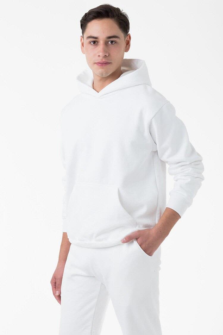 A white heavy fleece hood pullover worn by a model, set against a plain white background. It features a logo. Heavy Fleece Hood Pullover - Image 1
