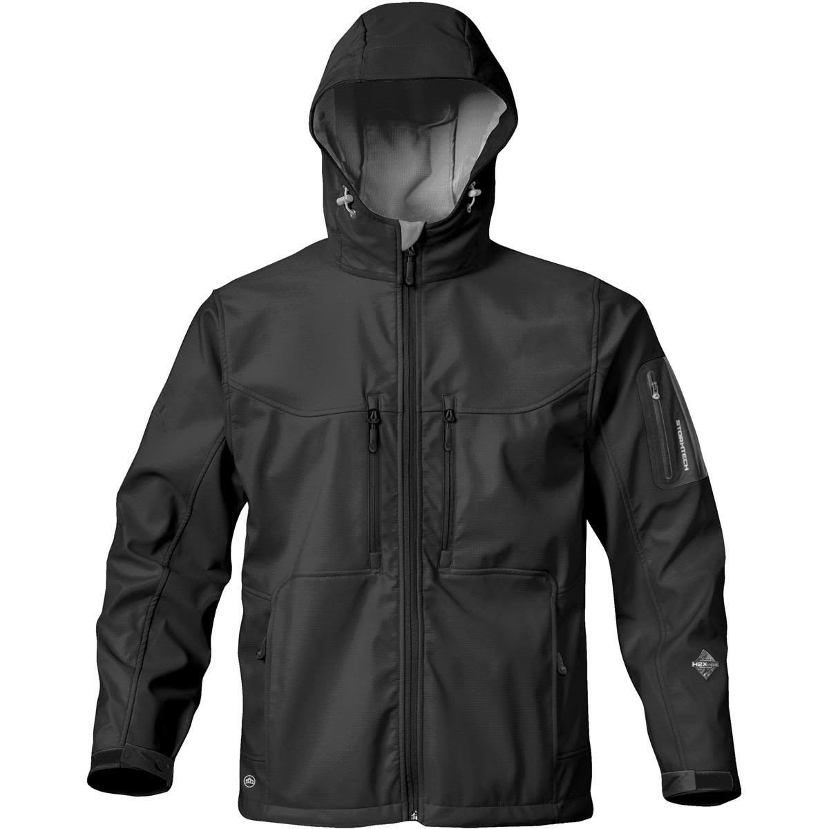 A black men's jacket with a hood, featuring multiple pockets and a logo on the sleeve. Women's Epsilon H2Xtreme Shell - Image 1