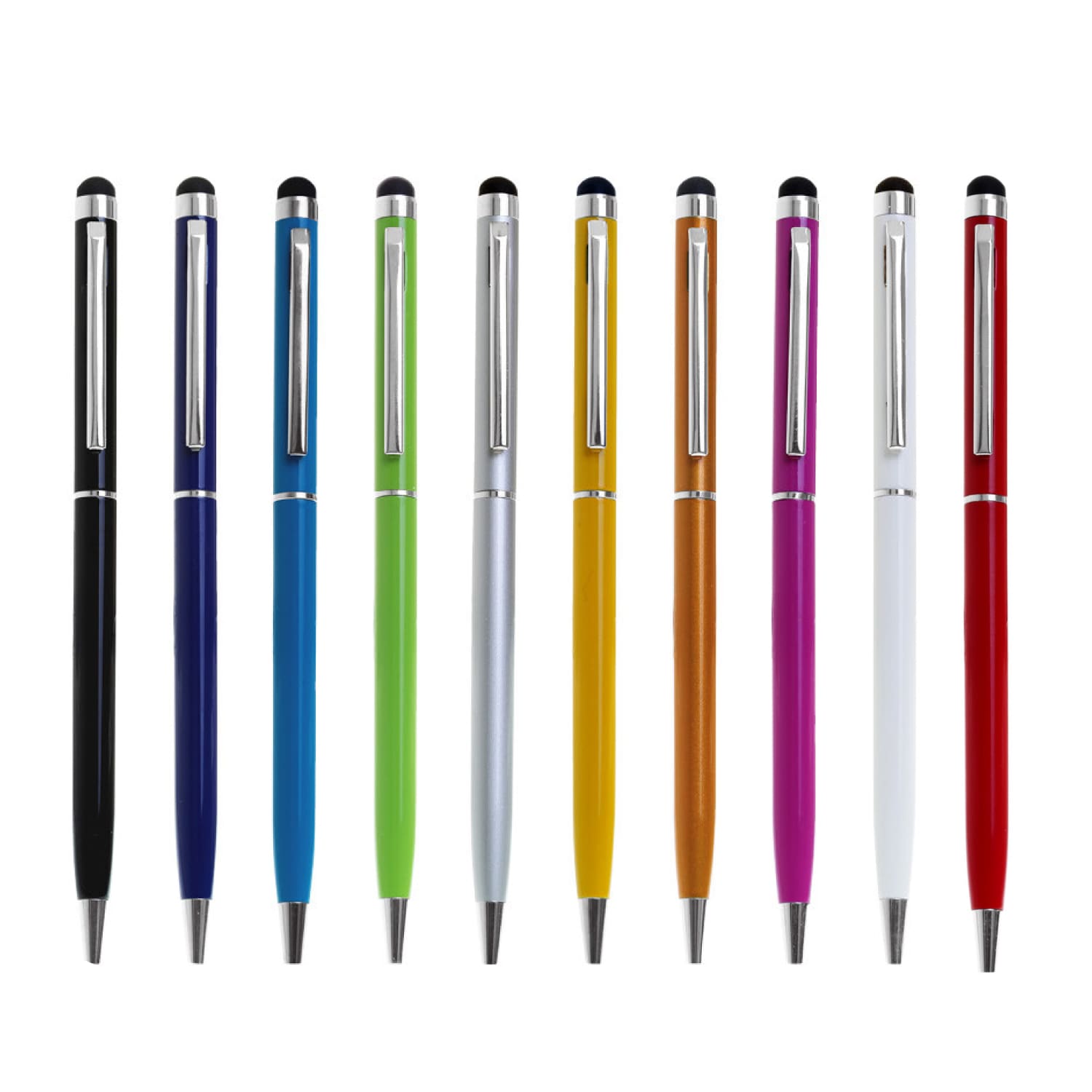A collection of stylus pens in black, blue, green, silver, orange, yellow, red, and white with a twist-action mechanism and branding. AURORA Slimline Metal Twist-Action Stylus Pen - Image 1