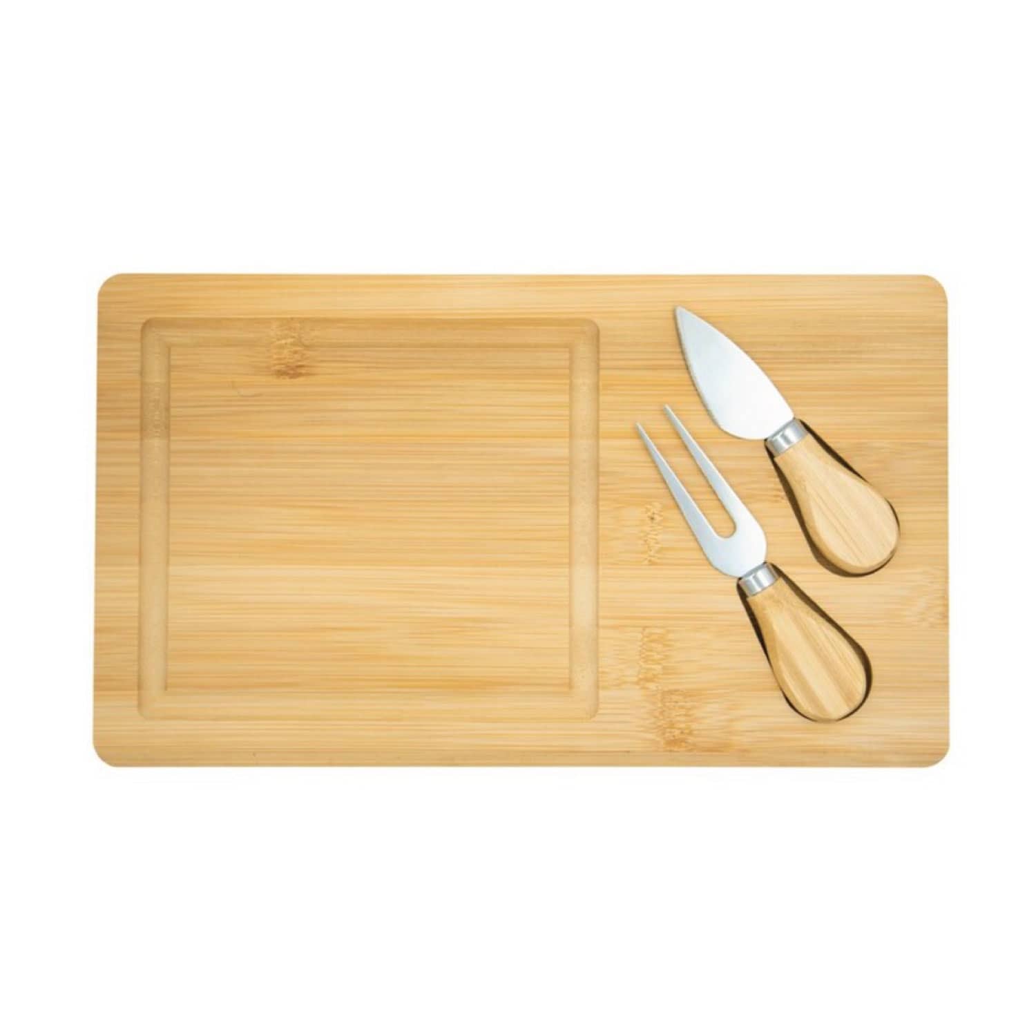 A bamboo cheese board with a clear section and two stainless steel utensils with wooden handles. BELLA Bamboo Cheese Set - Image 1