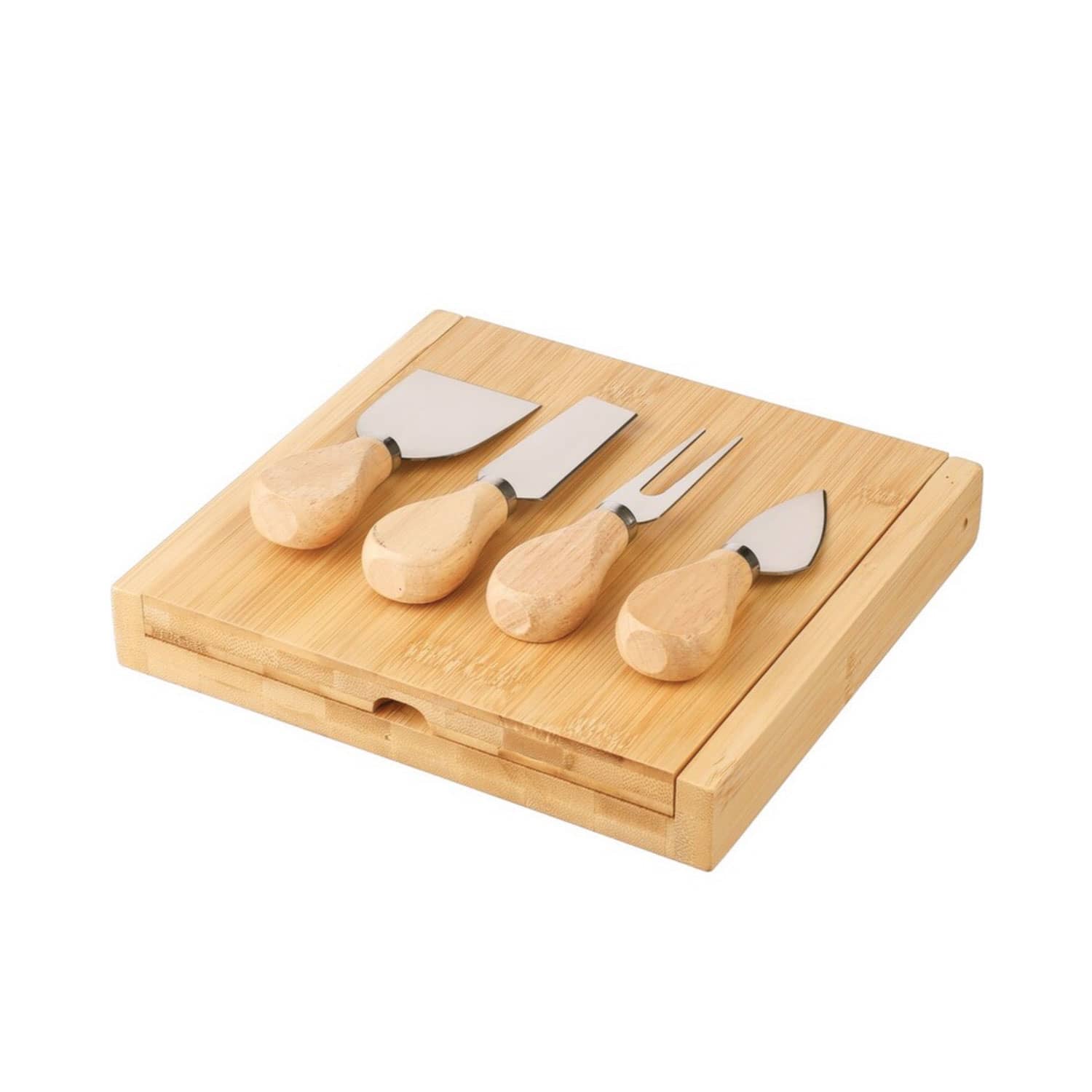A bamboo cheese board set with four stainless steel cheese knives featuring wooden handles. VEGA Bamboo Cheese Board Set - Image 1