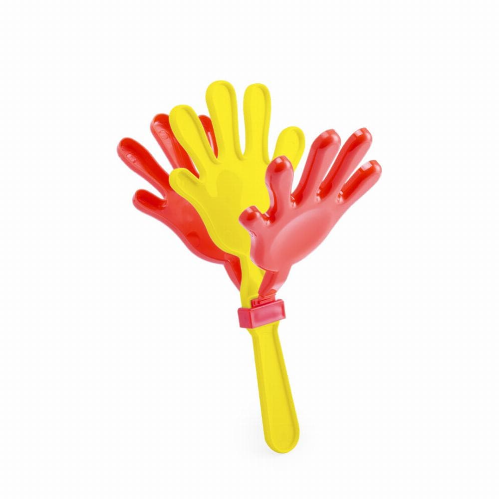 A hand clapper featuring red and yellow plastic hands on a yellow handle. It has a simple design with three clapping hands. Hand Clapper - Image 1