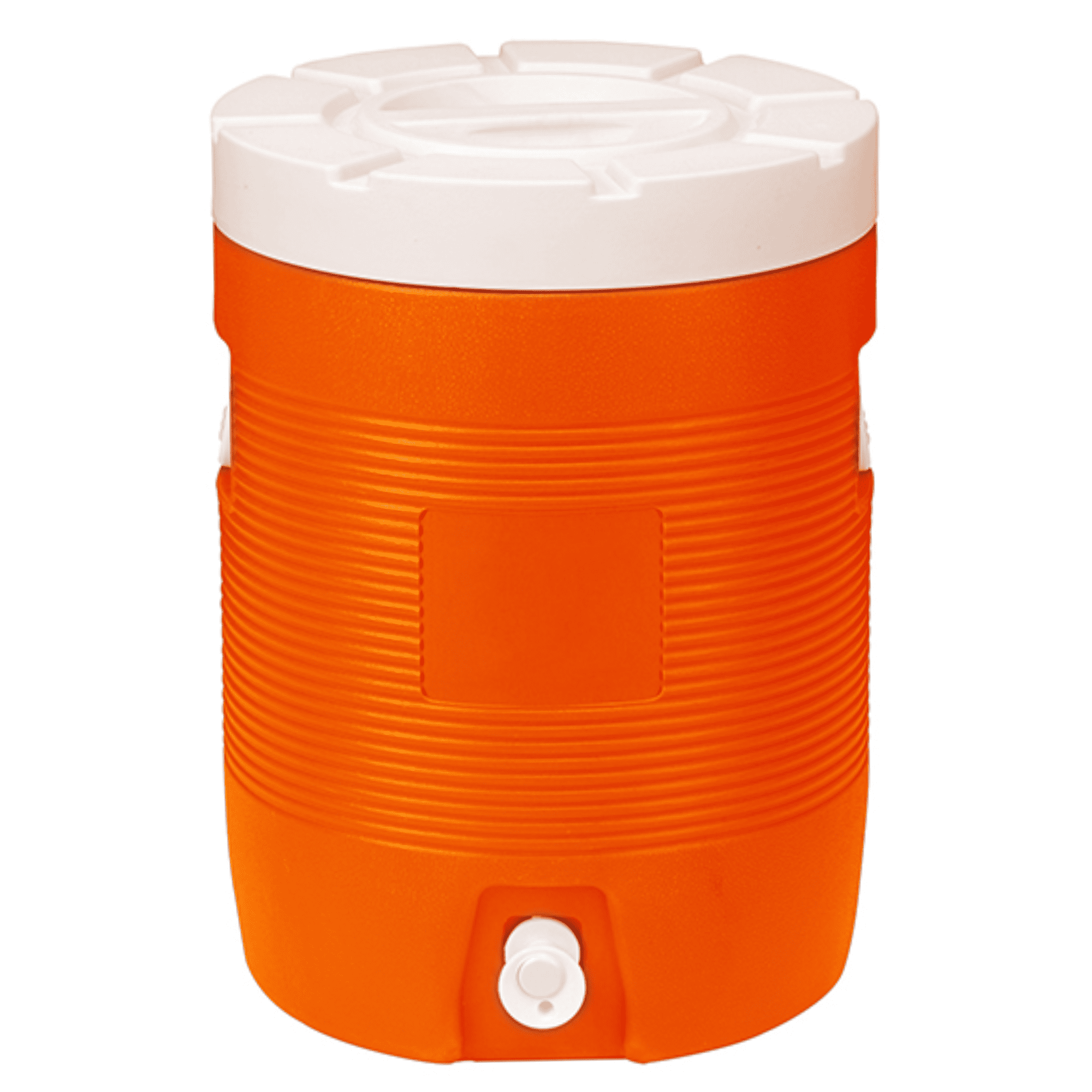 An orange 28L water dispenser cooler box with a white lid and a spout at the bottom. It has a logo on the side. 28L Water Dispenser Cooler Box - Image 1