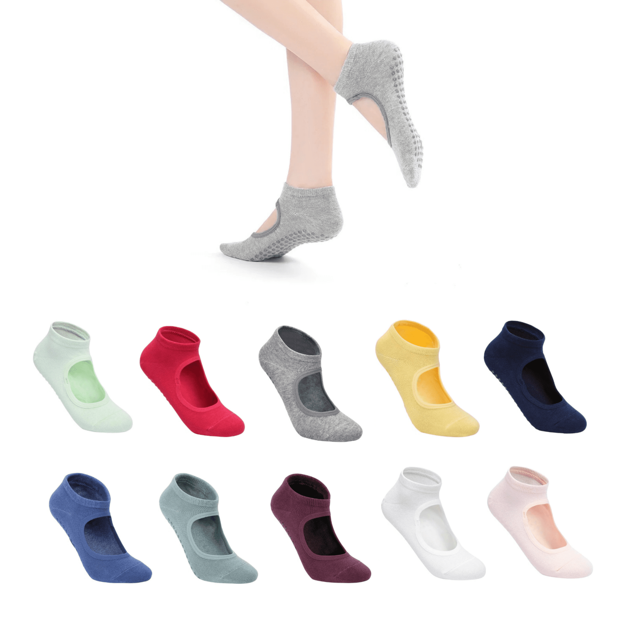 A collection of open-top yoga socks in various colours including grey, pink, navy, and green, with a textured sole. Snazzy Yoga Sock – Open Top - Image 1