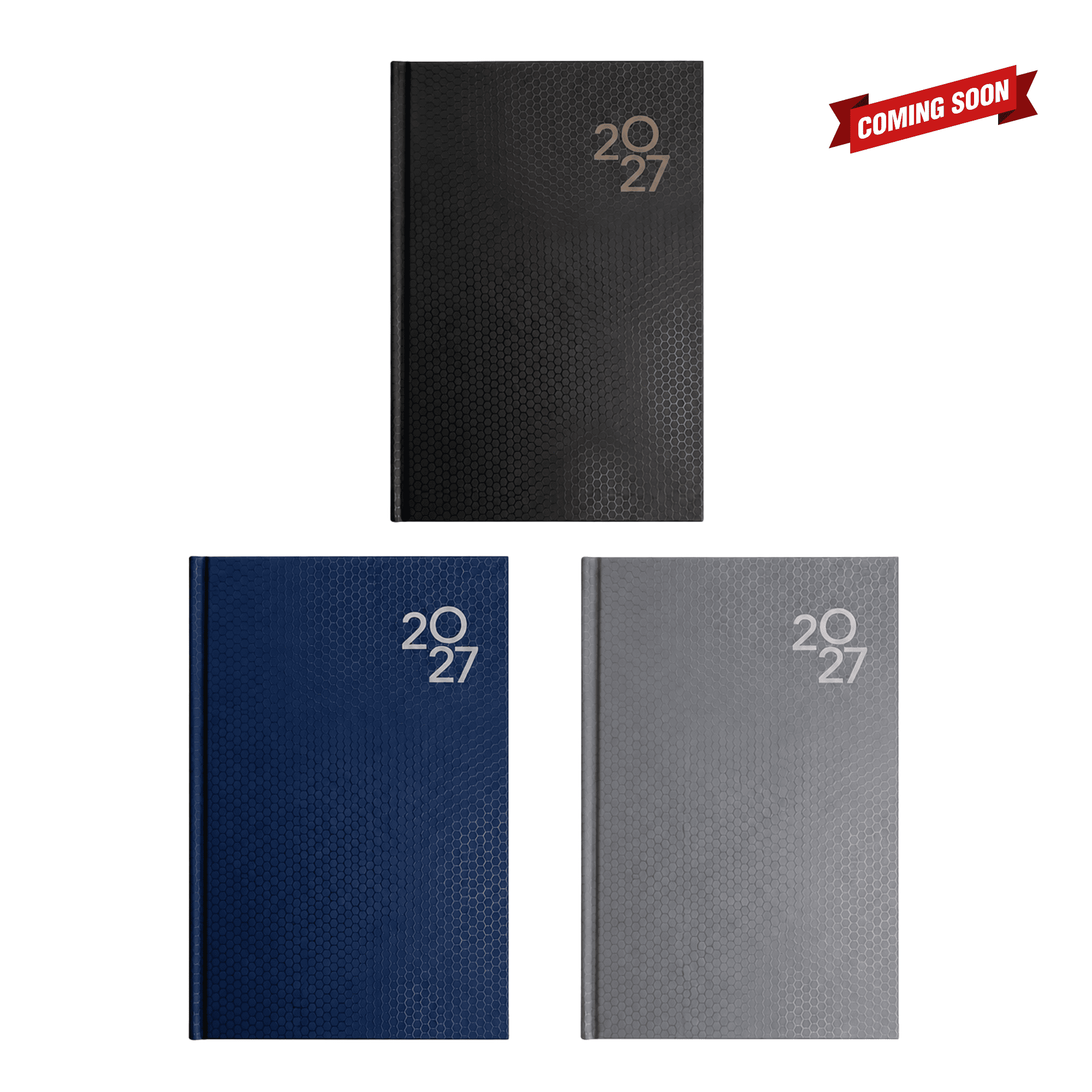 A set of three A5 diaries in black, navy, and grey, featuring a textured cover and a logo. Penguin A5 Weekly Diary - Image 1