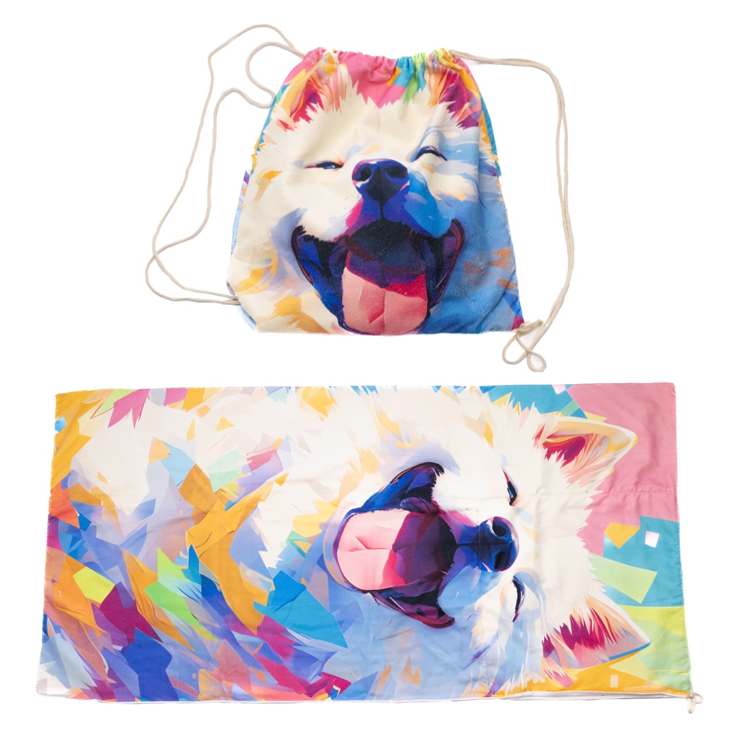A foldable drawstring towel featuring a vibrant, multicoloured design of a smiling dog, with a matching drawstring bag. Foldable Drawstring Towel - Image 1