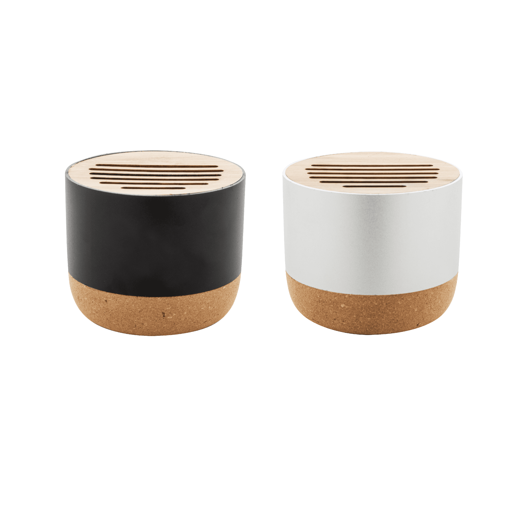 Two wireless speakers in black and white, featuring a cork base and a slotted wooden top, each with a logo. Explorer Wireless Speaker - Image 1