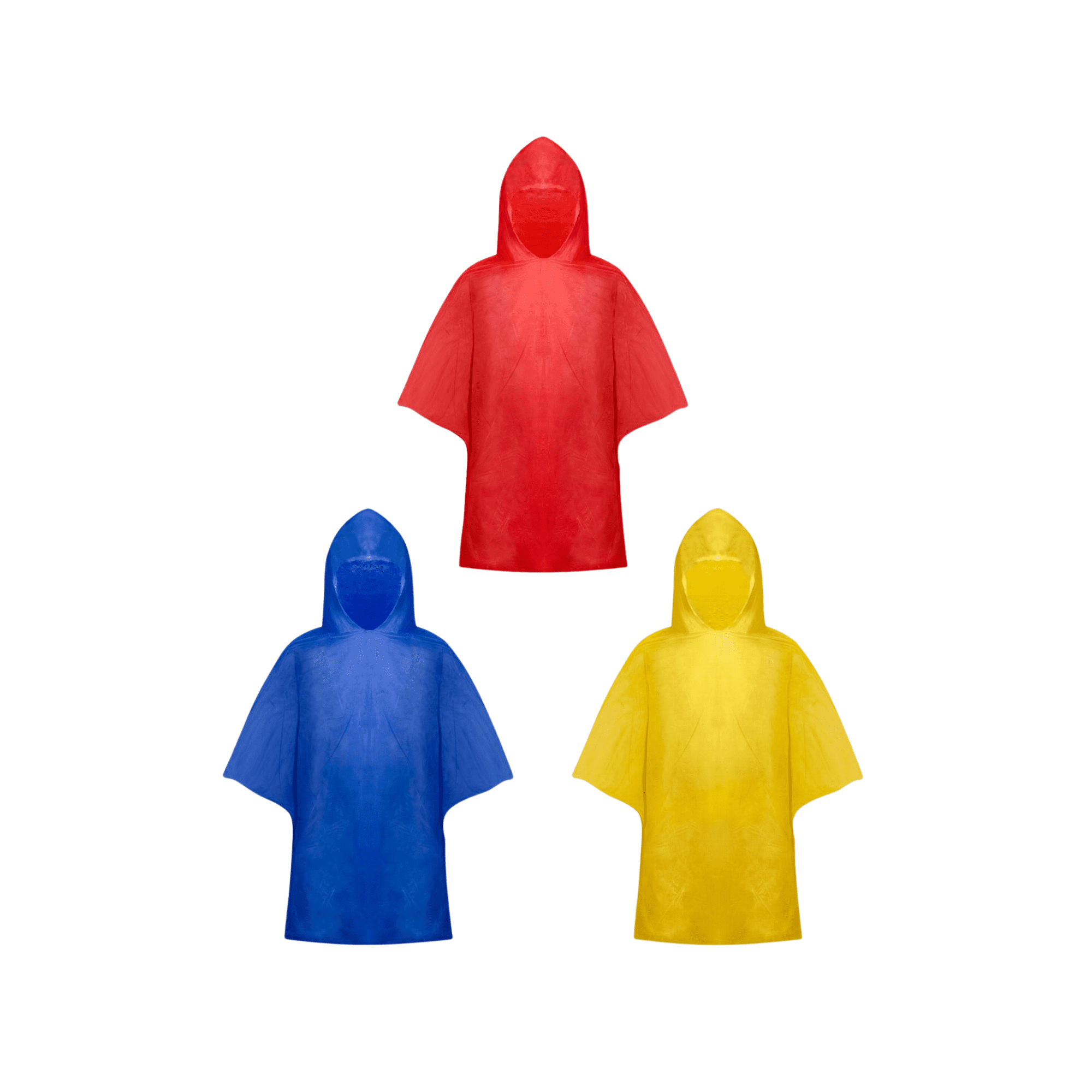 A red, blue, and yellow kids poncho with hoods, featuring a logo on each poncho. Soro Kids Poncho - Image 1