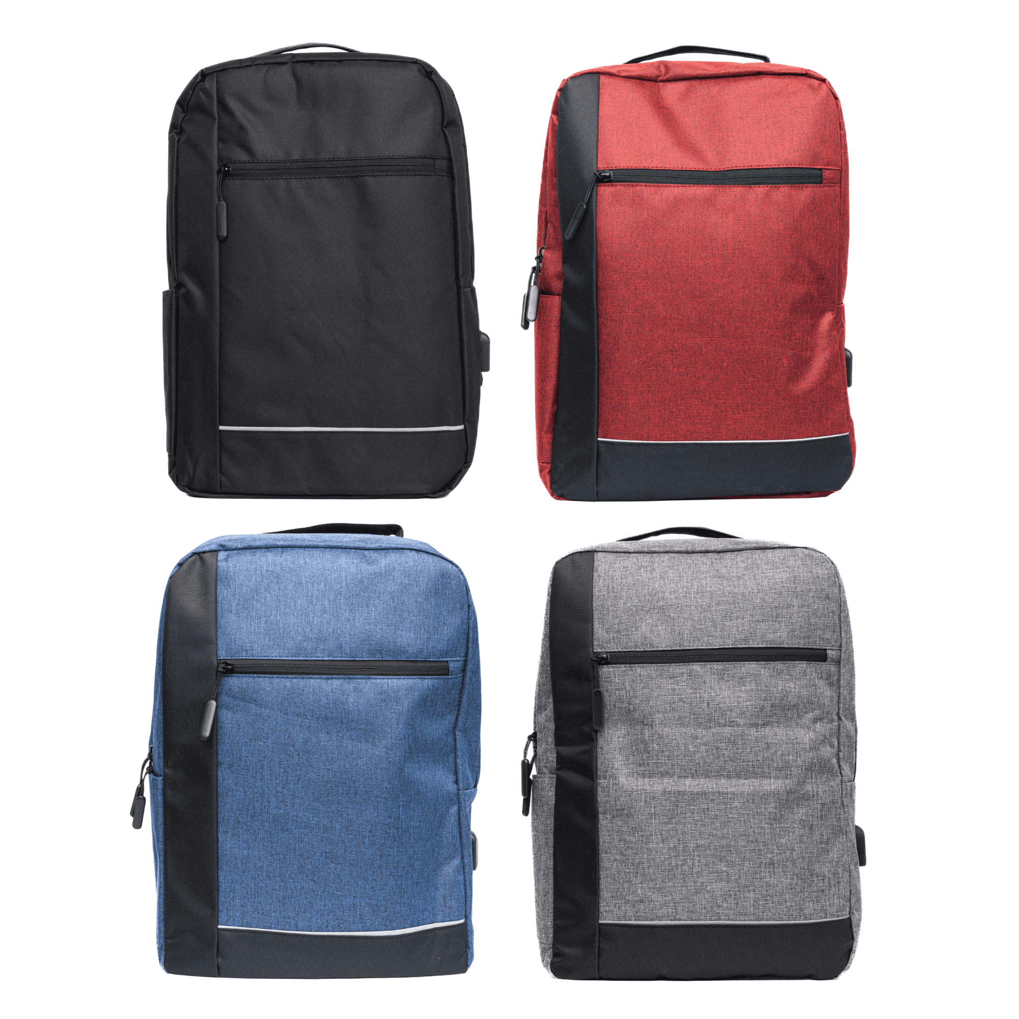 A collection of Axis Backpacks in black, red, blue, and grey, featuring a logo and zippered compartments. Axis Backpack - Image 1