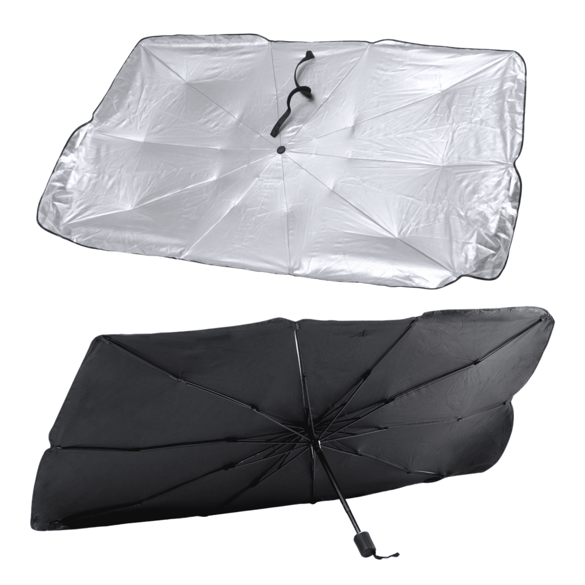 An umbrella sunshade featuring a silver side and a black underside, showcasing a collapsible design and sturdy structure. Aurora Car Sunshade Umbrella - Image 1
