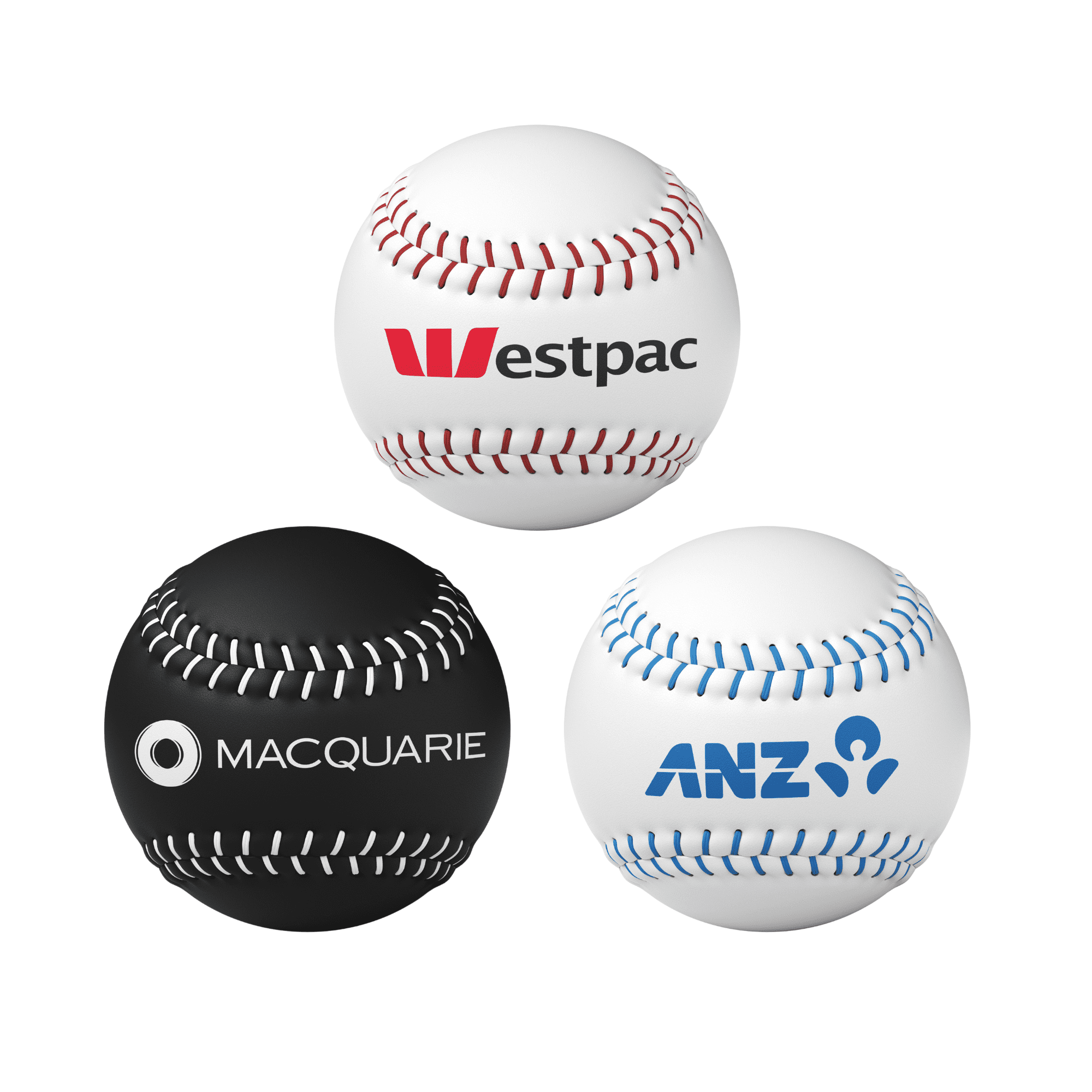 A set of three baseballs: one white with red stitching, one black, and another white with blue stitching, each featuring a logo. Baseball - Image 1