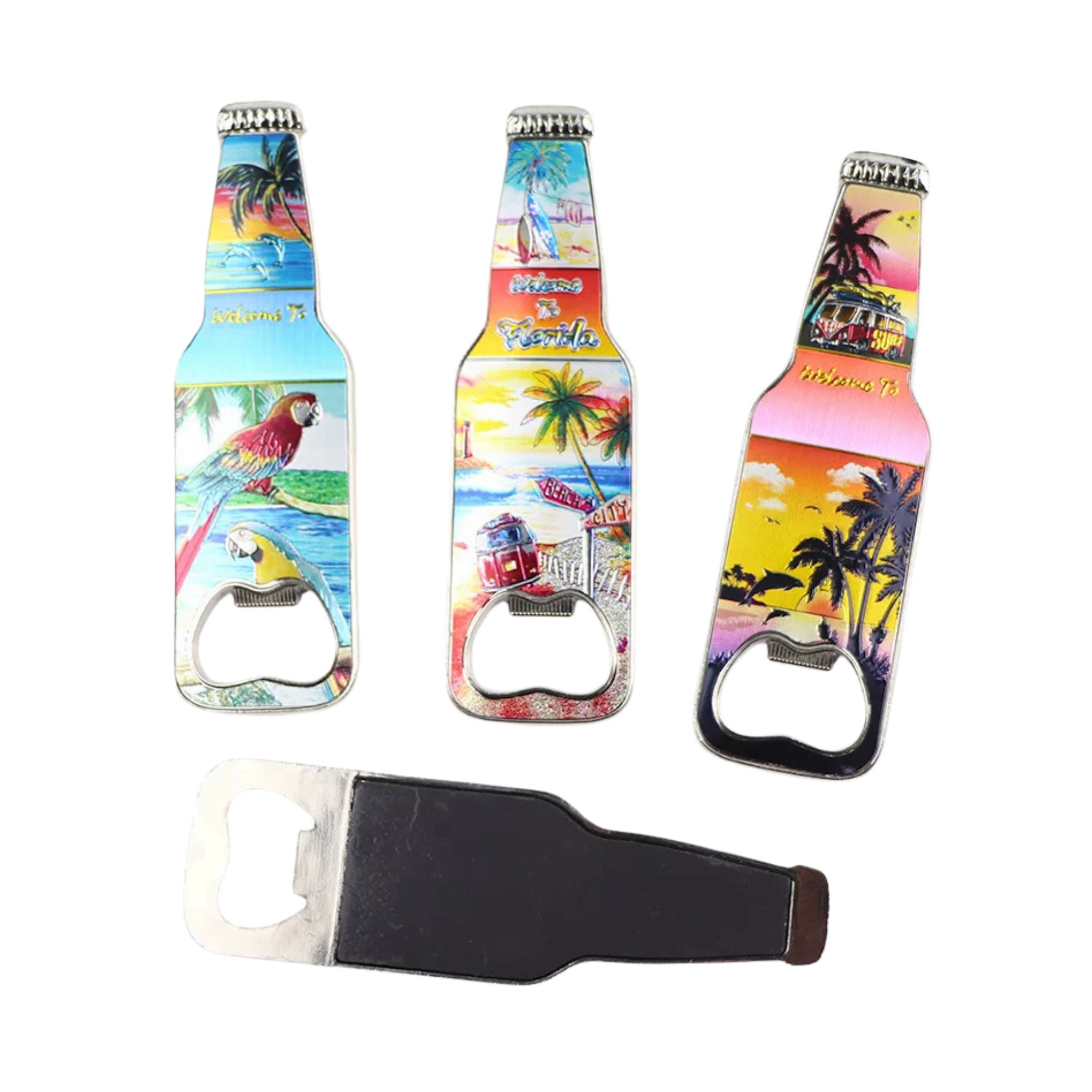 A drink bottle opener in a bottle shape featuring vibrant designs of tropical scenes, including birds, beaches, and palm trees. Magnetic Bottle Shaped Opener - Image 1