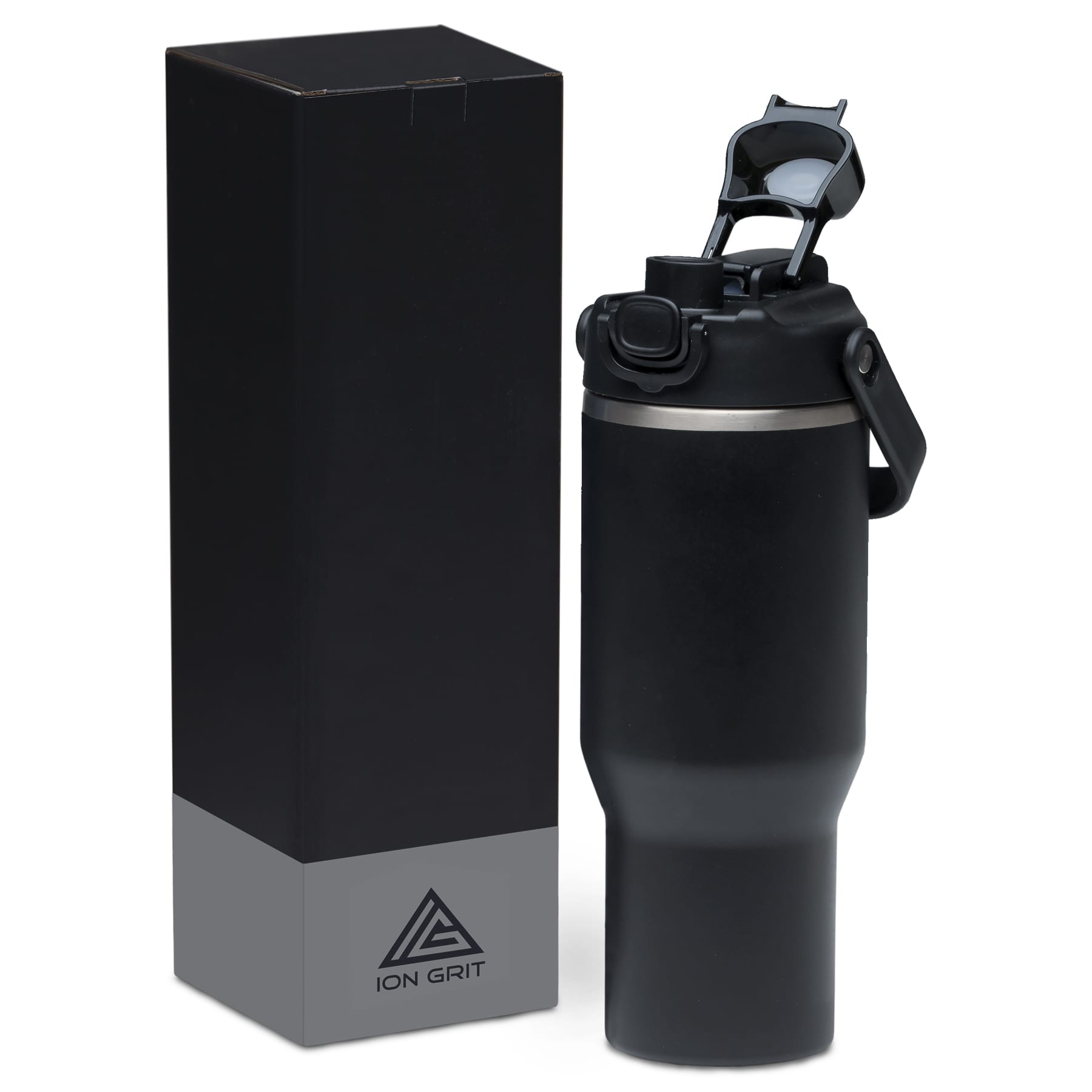 A drink bottle in matte black with a lid and a carrying handle, alongside a sleek black box. ChillGuard 1L Bottle - Image 1