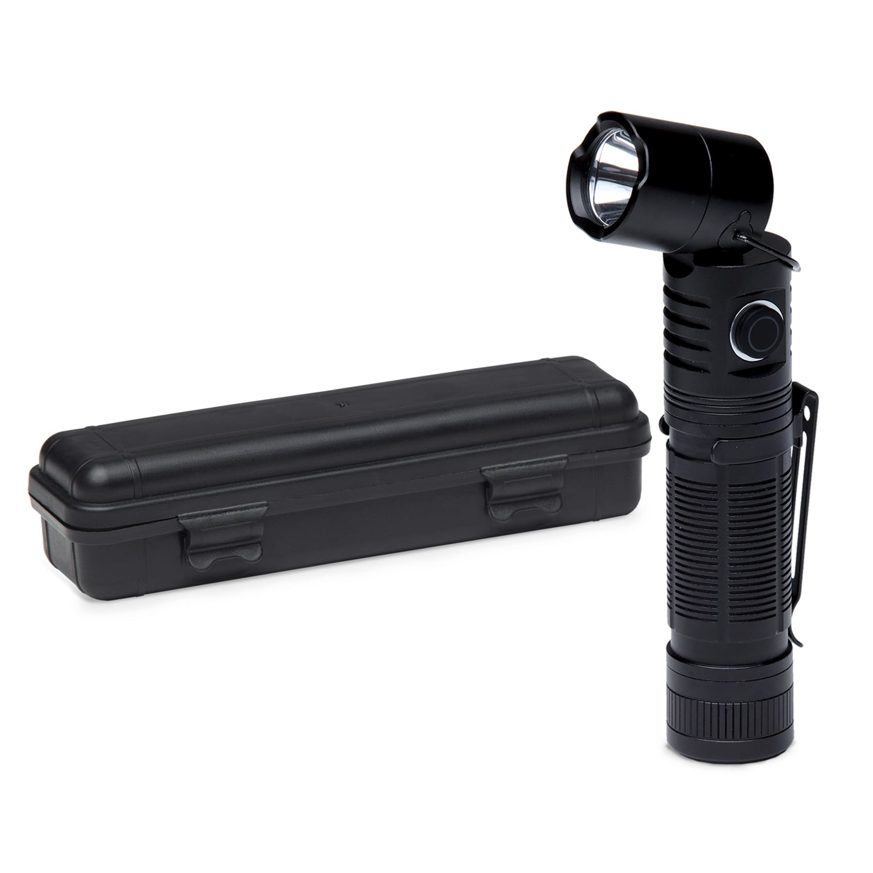 A black torch with a pivoting head next to a black carrying case, featuring a branding logo. FlexLight Torch - Image 1