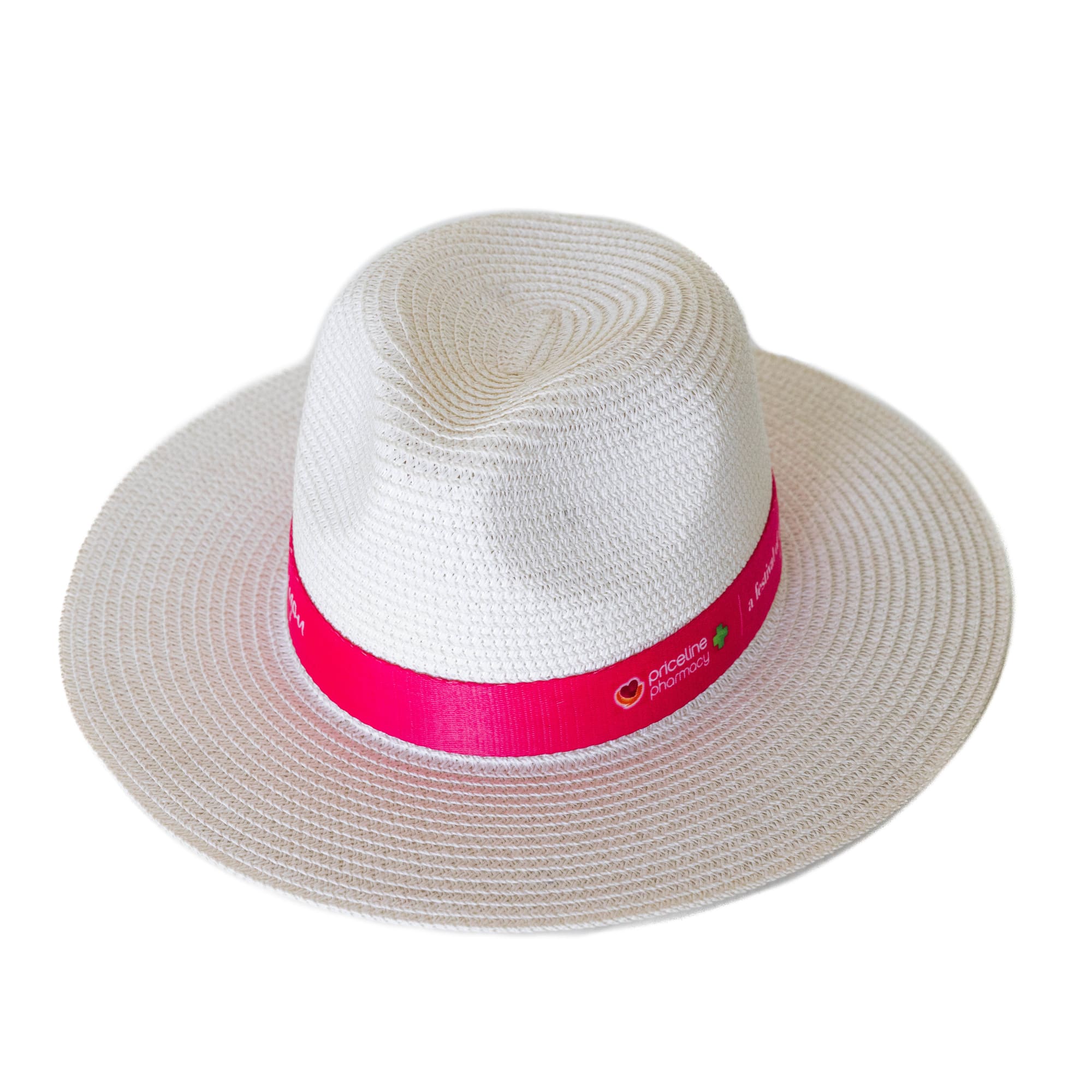 A white Fedora paper straw hat with a pink ribbon band, featuring a logo. Fedora Paper Straw Hat - Image 1