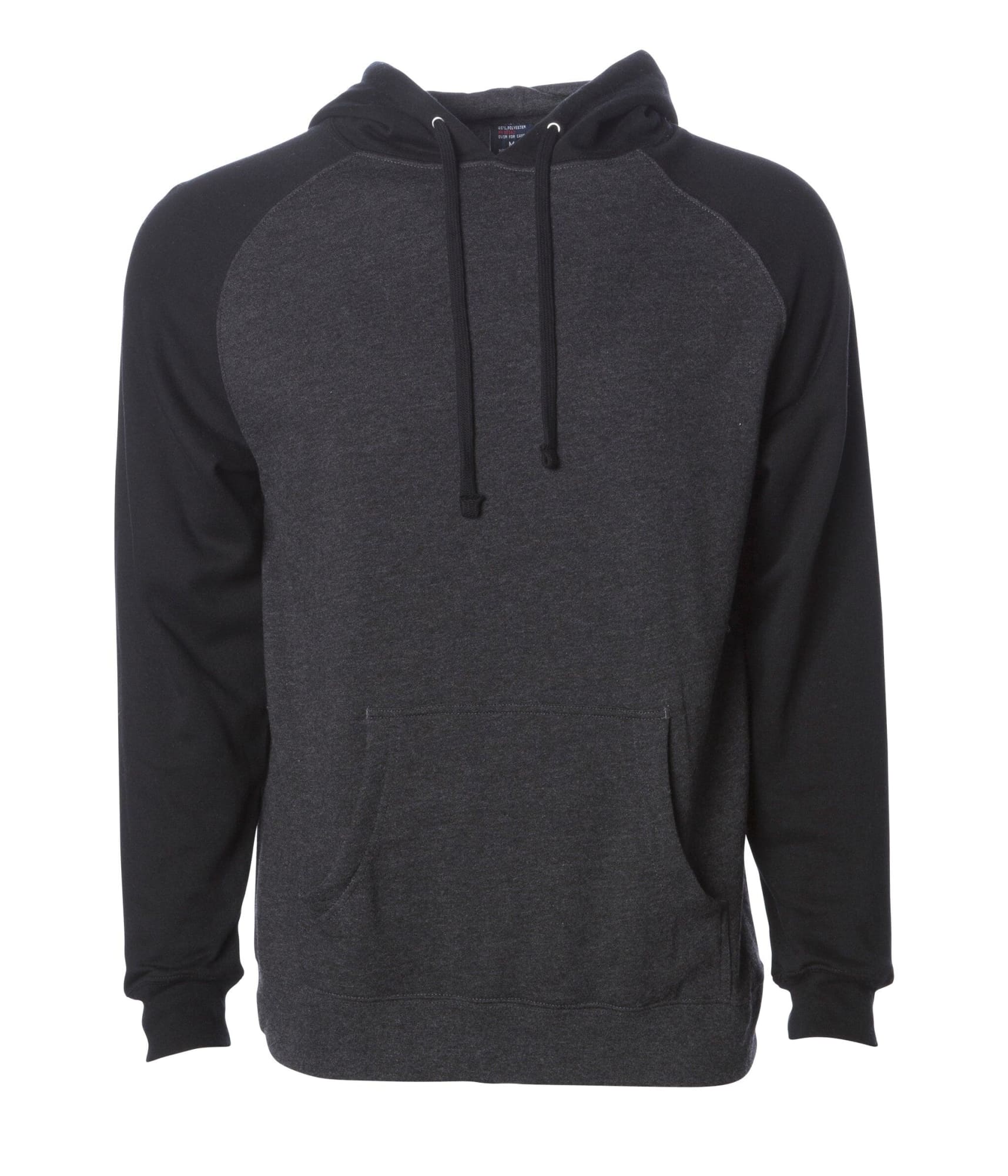 A raglan sleeve pullover hood in charcoal grey with black sleeves, featuring a front pocket and a drawstring hood. Raglan Sleeve Pullover Hood - Image 1