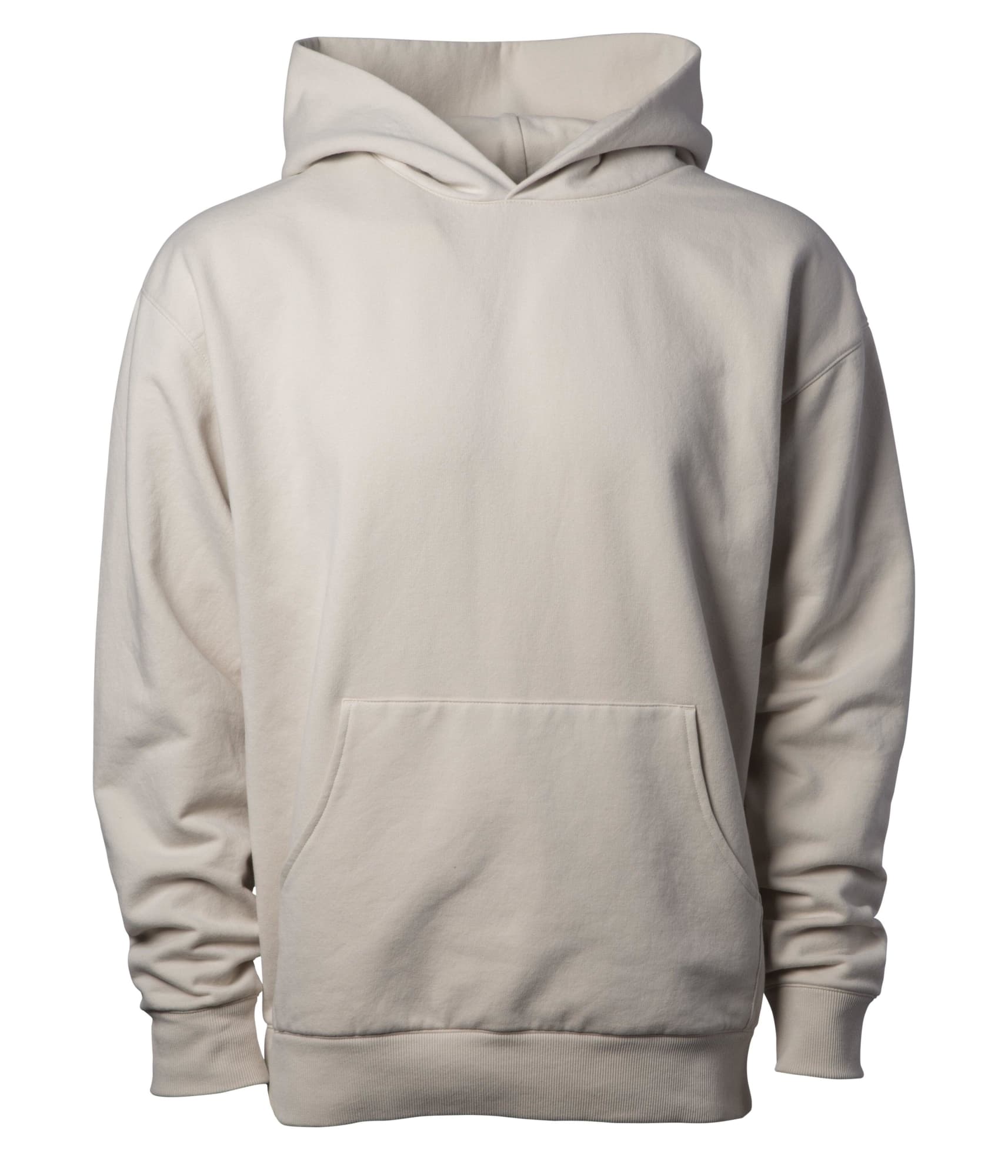 A heavyweight modal hood in a light cream colour with a front pocket and a large hood. It has branding on the garment. Lux Heavyweight Modal Hood - Image 1