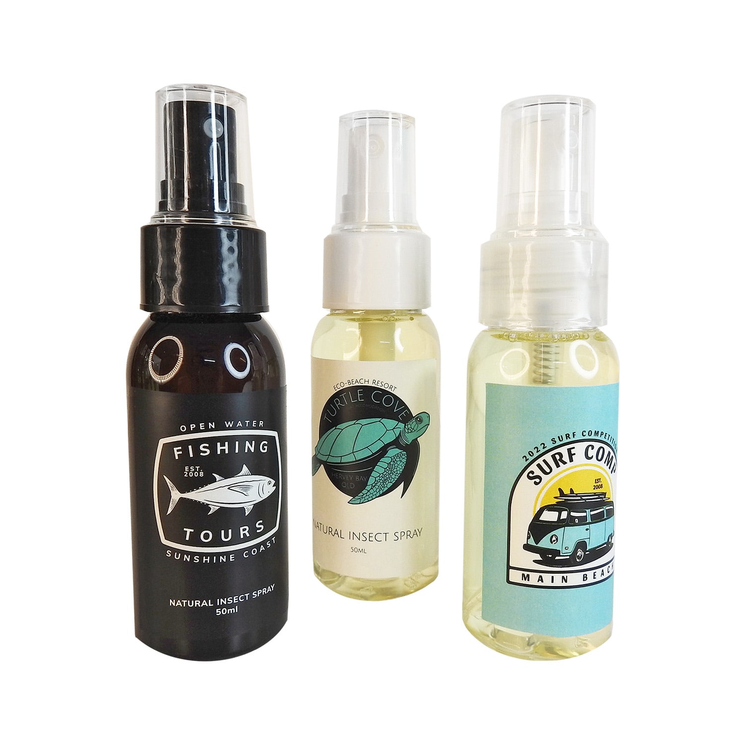 Three insect spray bottles in various designs: one black, one clear with a logo, and another clear with colourful graphics. Insect Spray Bottle - Image 1
