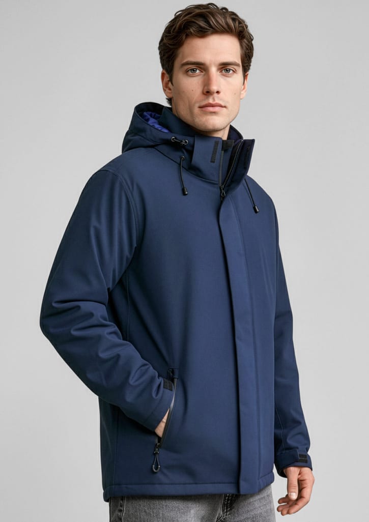 A men's navy rain jacket with a hood, designed with a front zip and side pockets, featuring a logo. Mens Eclipse Jacket - Image 1