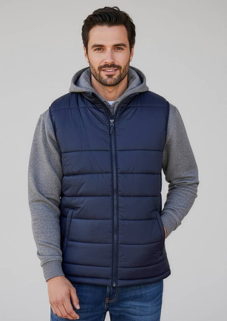 A man wearing a navy blue quilted alpine vest over a grey hoodie, with a casual expression. Mens Alpine Vest - Image 1