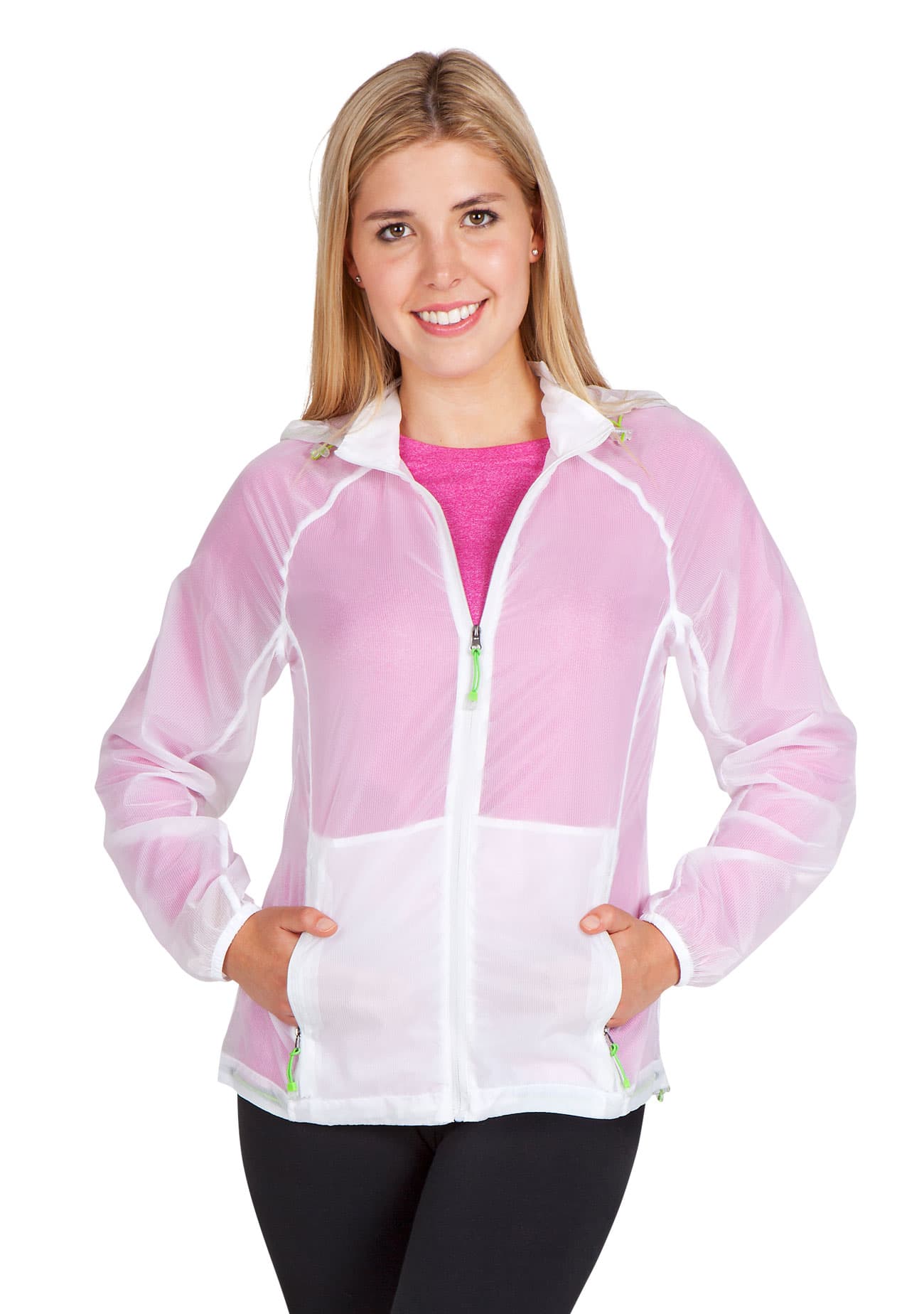 A lightweight women's air jacket in white with pink accents, featuring a hood and pockets, displayed on a model. Womens' Air Jacket - Image 1