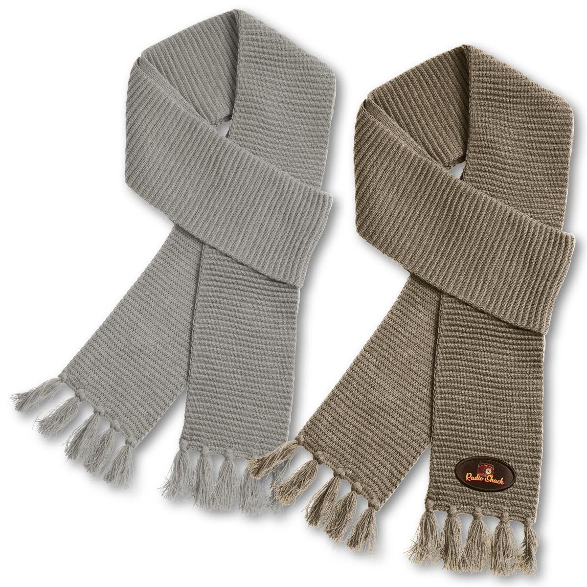 A pair of Ruga Knit Scarves in light grey and olive green, featuring a branded logo and fringed ends. Ruga Knit Scarf - Image 1