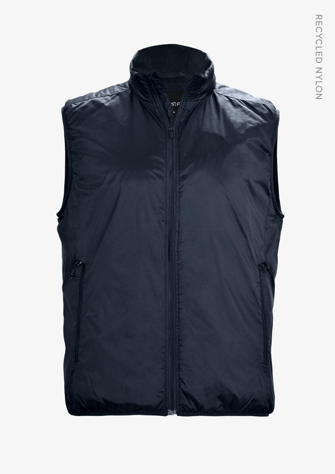 A navy unisex vest made of recycled nylon, featuring a full zip and side pockets. It has a logo on the front. Jasper Unisex Vest - Image 1