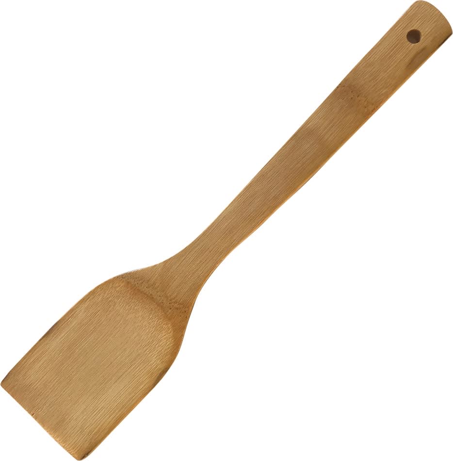 A wooden spatula with a flat, wide head and a long handle. The spatula has a natural finish and a hole for hanging. Spade Spatula - Image 1