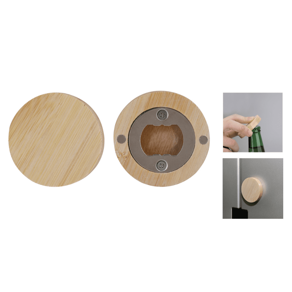 A bamboo bottle opener with a circular design, featuring a metal opening mechanism and a magnetic back. Zebra opener - Image 1