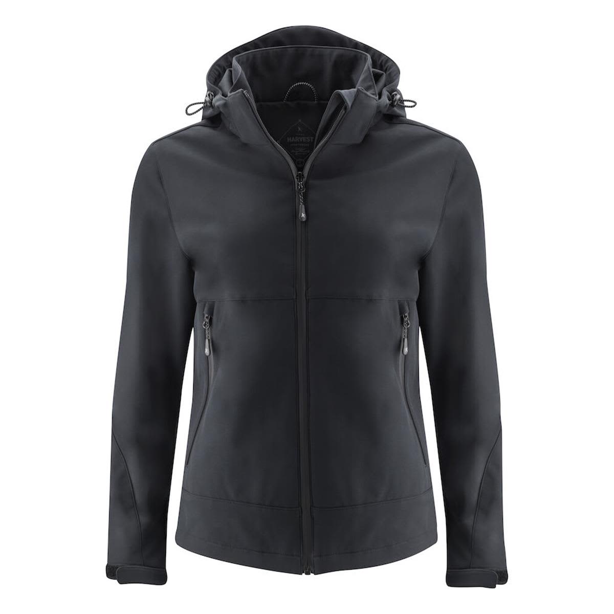 A women's softshell jacket in black with a hood, featuring zip pockets and a sleek design. Lodgetown Women's Softshell - Image 1