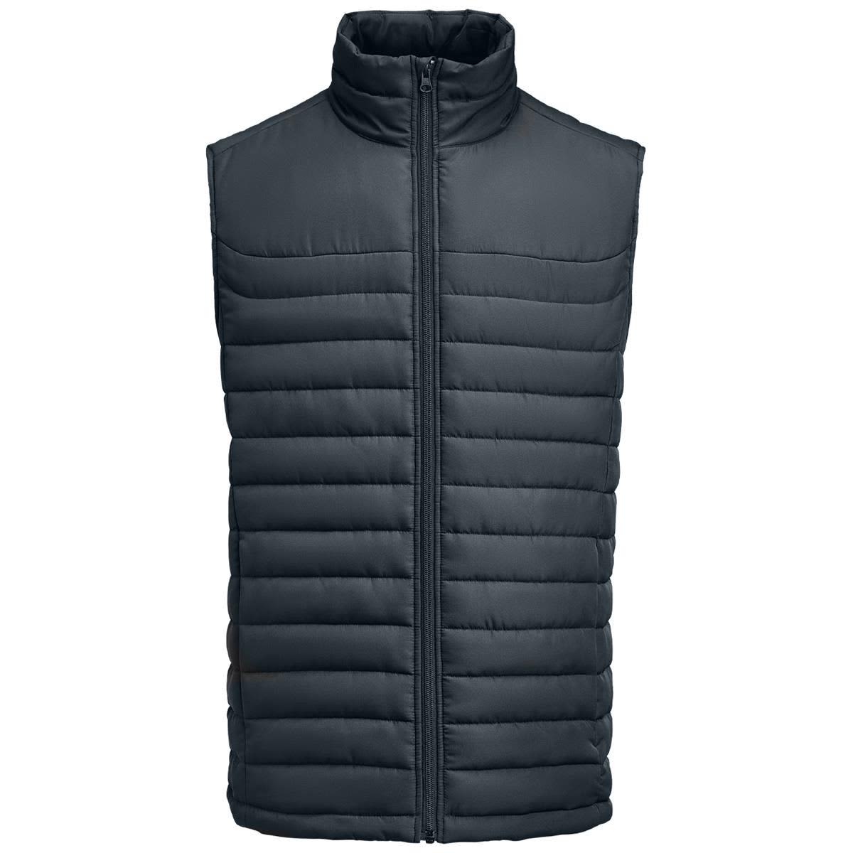 A dark grey men's padded vest with a high collar and vertical stitching, featuring a front zip closure and brand logo. Arches Men's Padded Vest - Image 1