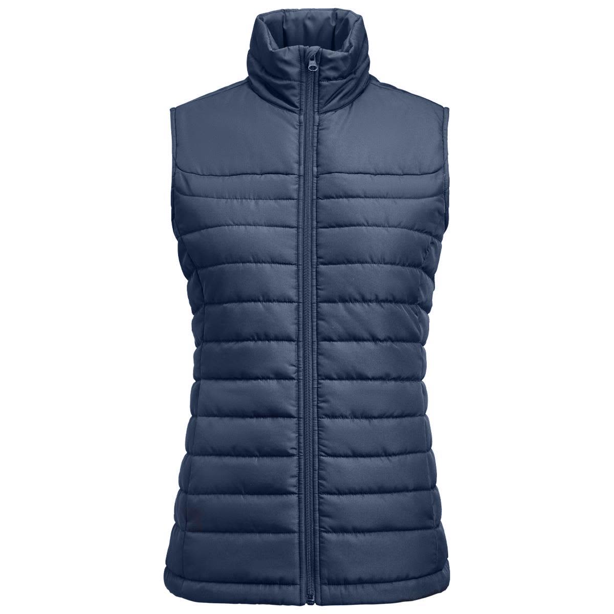 A women's padded vest in navy blue with a zip front and high collar. Features a branding logo. Arches Women's Padded Vest - Image 1