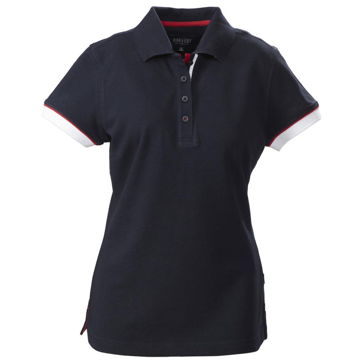 A women's cotton polo shirt in navy blue with white and red accents, featuring a collar and a logo. Antreville Women's Cotton Polo - Image 1