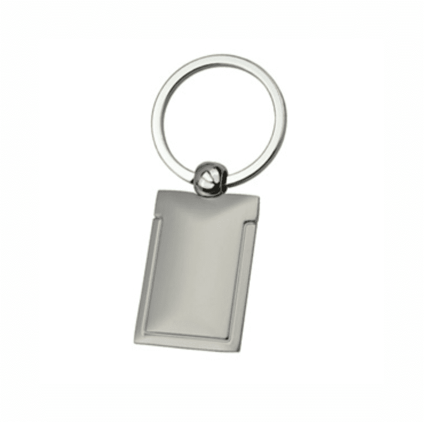 A silver keyring featuring a rectangular pendant attached to a circular ring. The pendant has a sleek, minimalist design. Ally keyring - Image 1