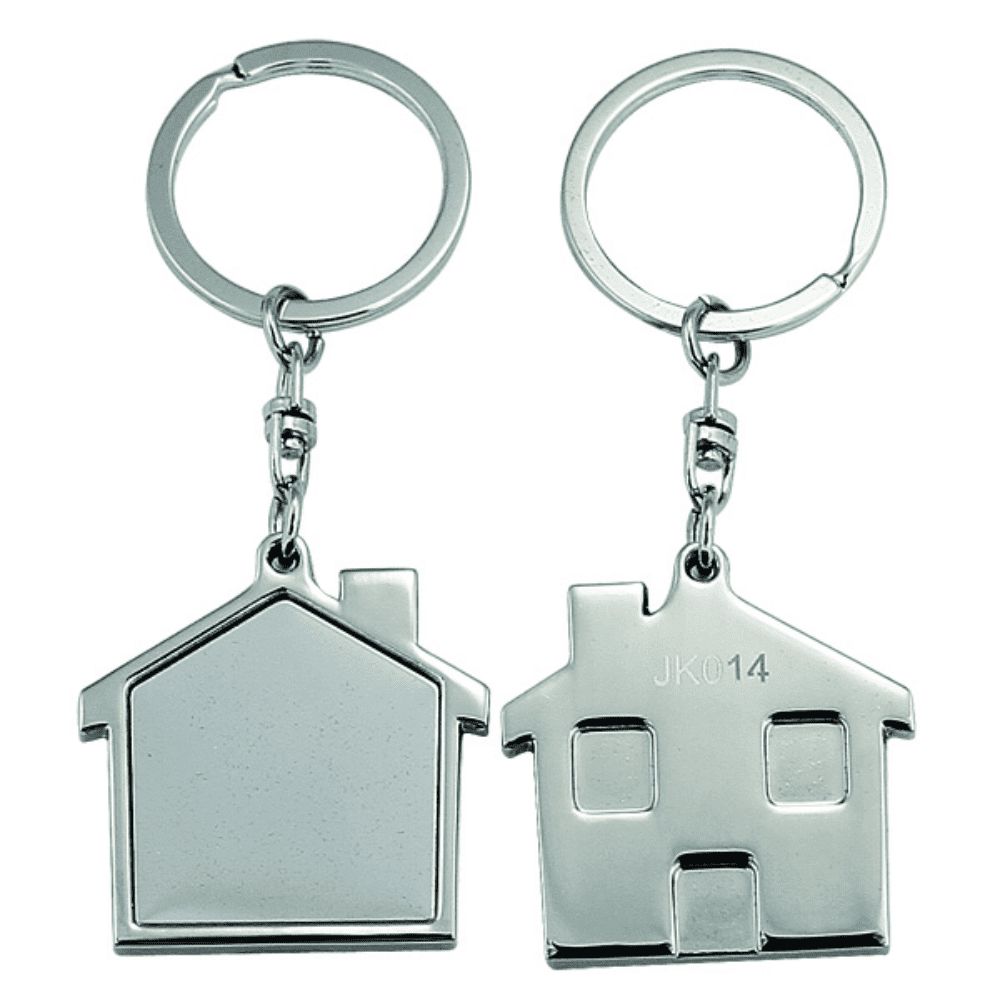 A silver keyring featuring a house-shaped charm with a smooth surface and a split ring for attaching keys. Acton keyring - Image 1