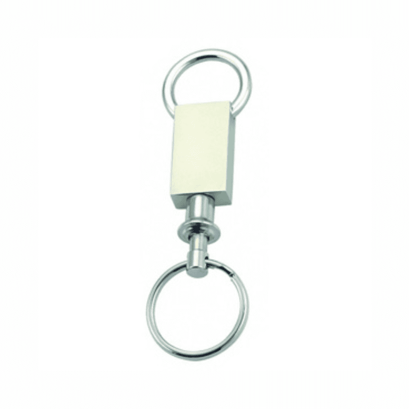 A keyring with a rectangular metal connector and two circular rings, featuring a shiny silver finish. Bacon keyring - Image 1
