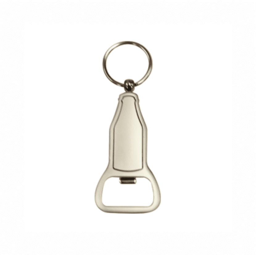 A bottle opener keyring in silver with a circular keyring attachment. Features a simple design. Carrie keyring - Image 1