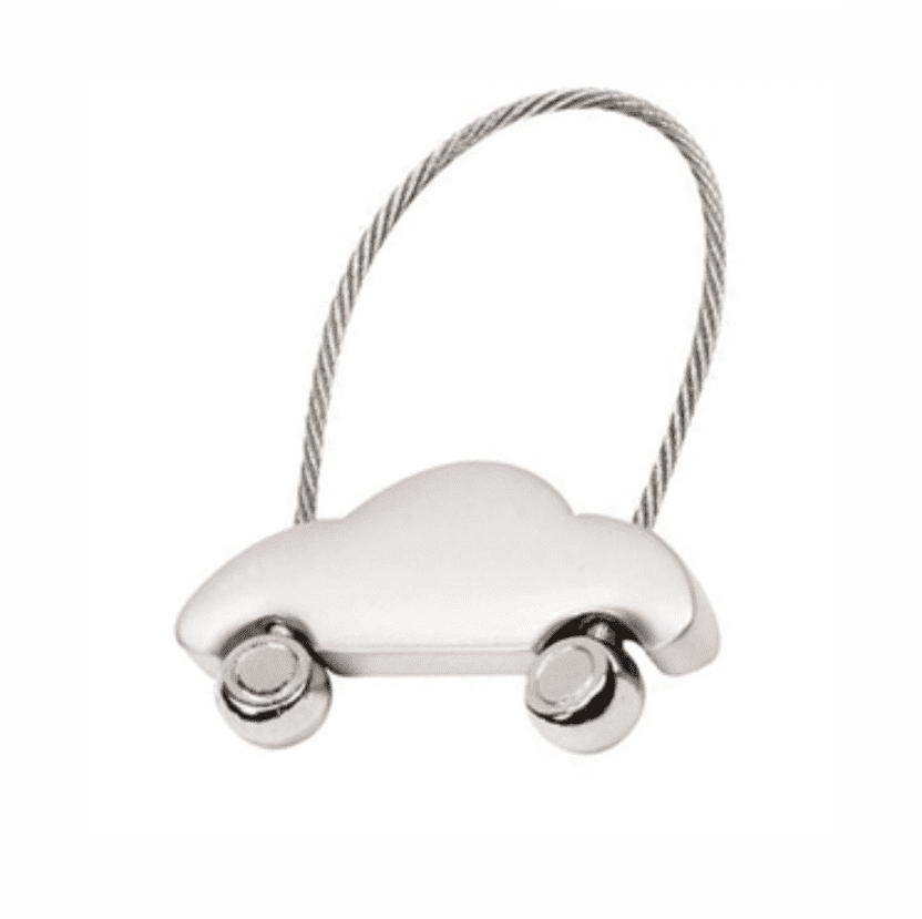 A silver car-shaped bottle opener with a wire handle, featuring round wheels at the base. Charlotte keyring - Image 1