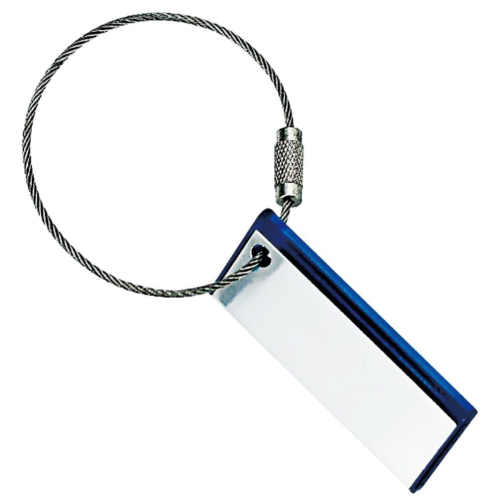A blue tag with a silver wire loop, featuring a blank white space for labeling or identification. Dixon keyring - Image 1