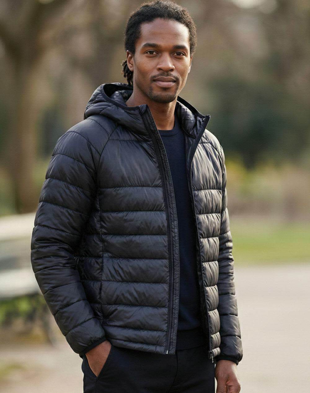 A lightweight hooded puffer jacket in black with a smooth finish and a zipper front, featuring a logo. Adult's Sustainable Lightweight Hooded Puffer Jacket - Image 1