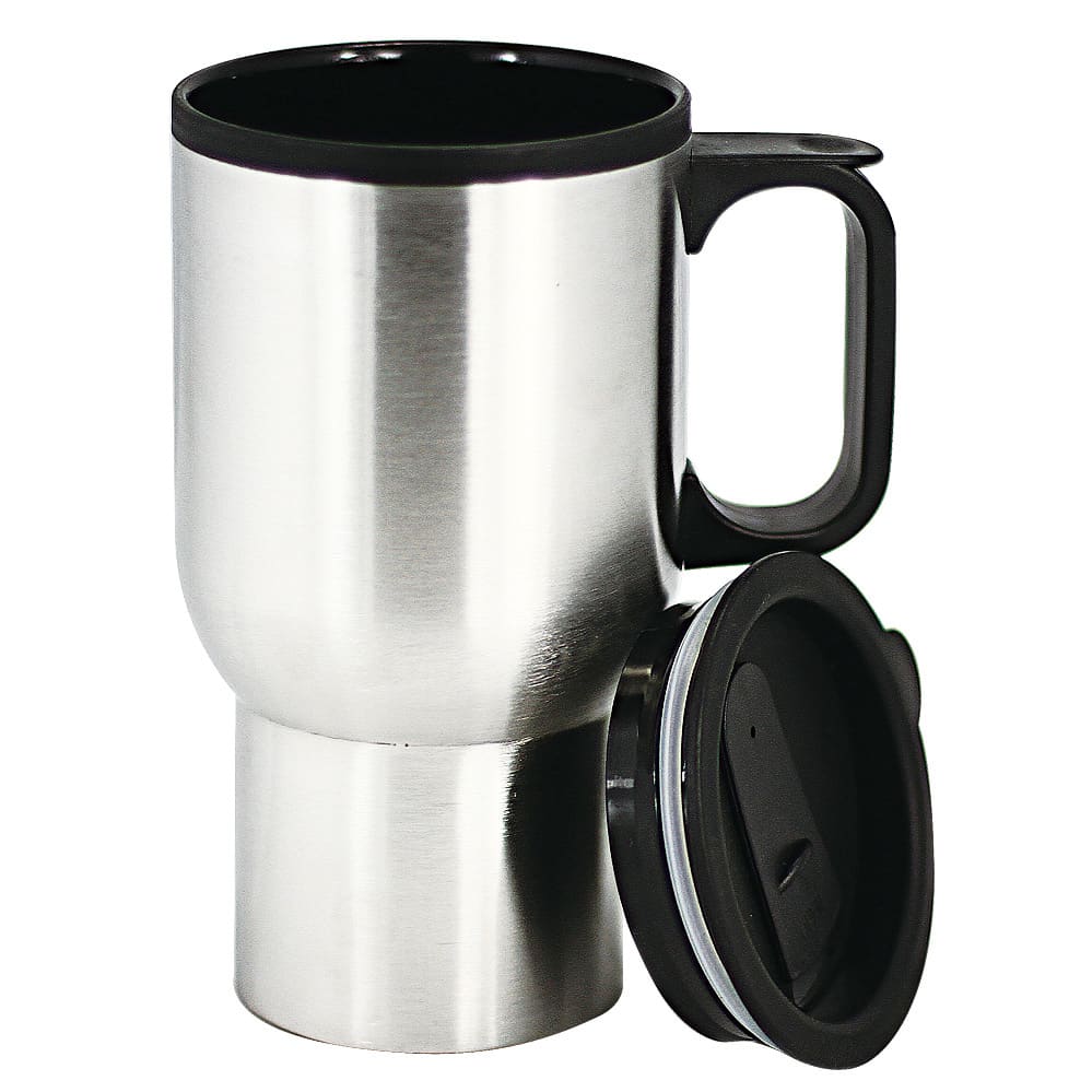 A stainless steel coffee mug with a black handle and lid. It features a sleek, modern design and has a logo. Goodman doule wall stainless steel car mug - Image 1