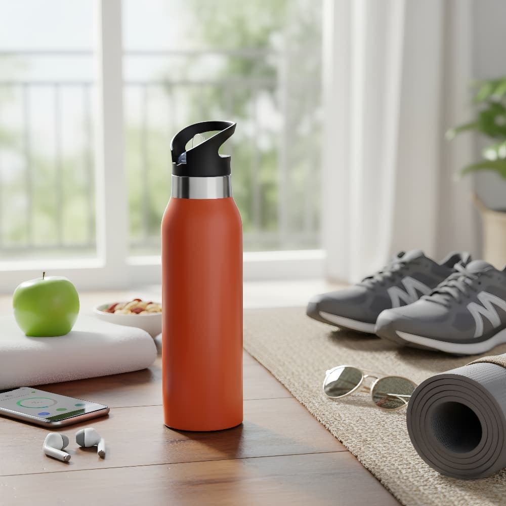 A drink bottle in a vibrant orange colour with a black lid, placed in a bright room beside workout gear. Grant double wall stainless steel vaccum drink bottle - Image 1