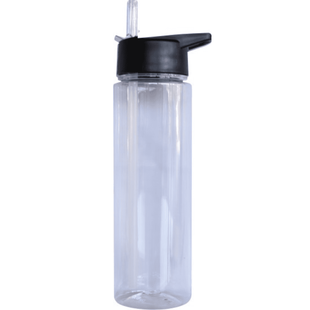 A drink bottle made of clear plastic with a black lid and straw. It features a simple design and minimal branding. Hart tritan plastic bottle - Image 1