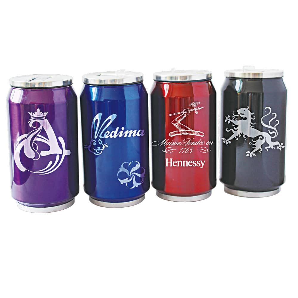 A collection of four drink cans in purple, blue, red, and grey, each featuring a unique design and logo. Hawkings double wall stainless steel vaccum drink bottle - Image 1