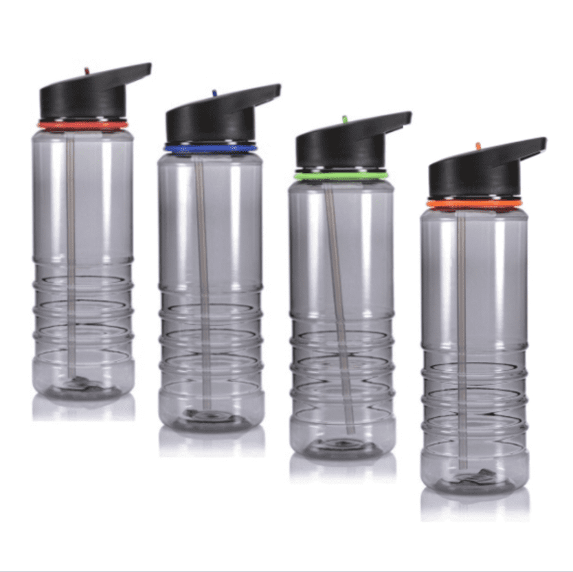 A drink bottle set featuring four clear bottles with black lids and coloured accents: red, blue, green, and orange. Jacqueline tritan plastic bottle - Image 1