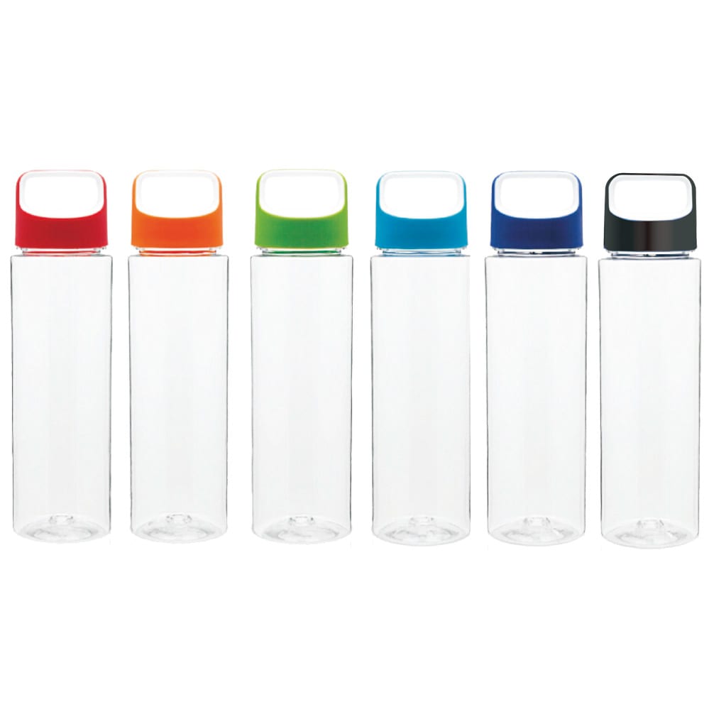 A drink bottle collection featuring clear bottles with brightly coloured lids including red, green, blue, and black. Kendall tritan plastic bottle - Image 1