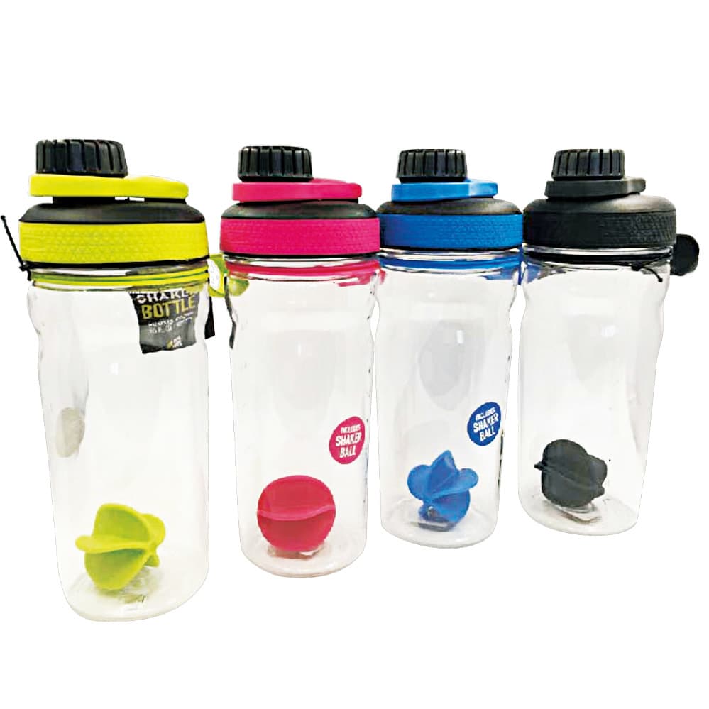 A drink bottle set featuring four transparent containers with black, pink, yellow, and blue lids and matching features. Kenney tritan plastic shaker - Image 1